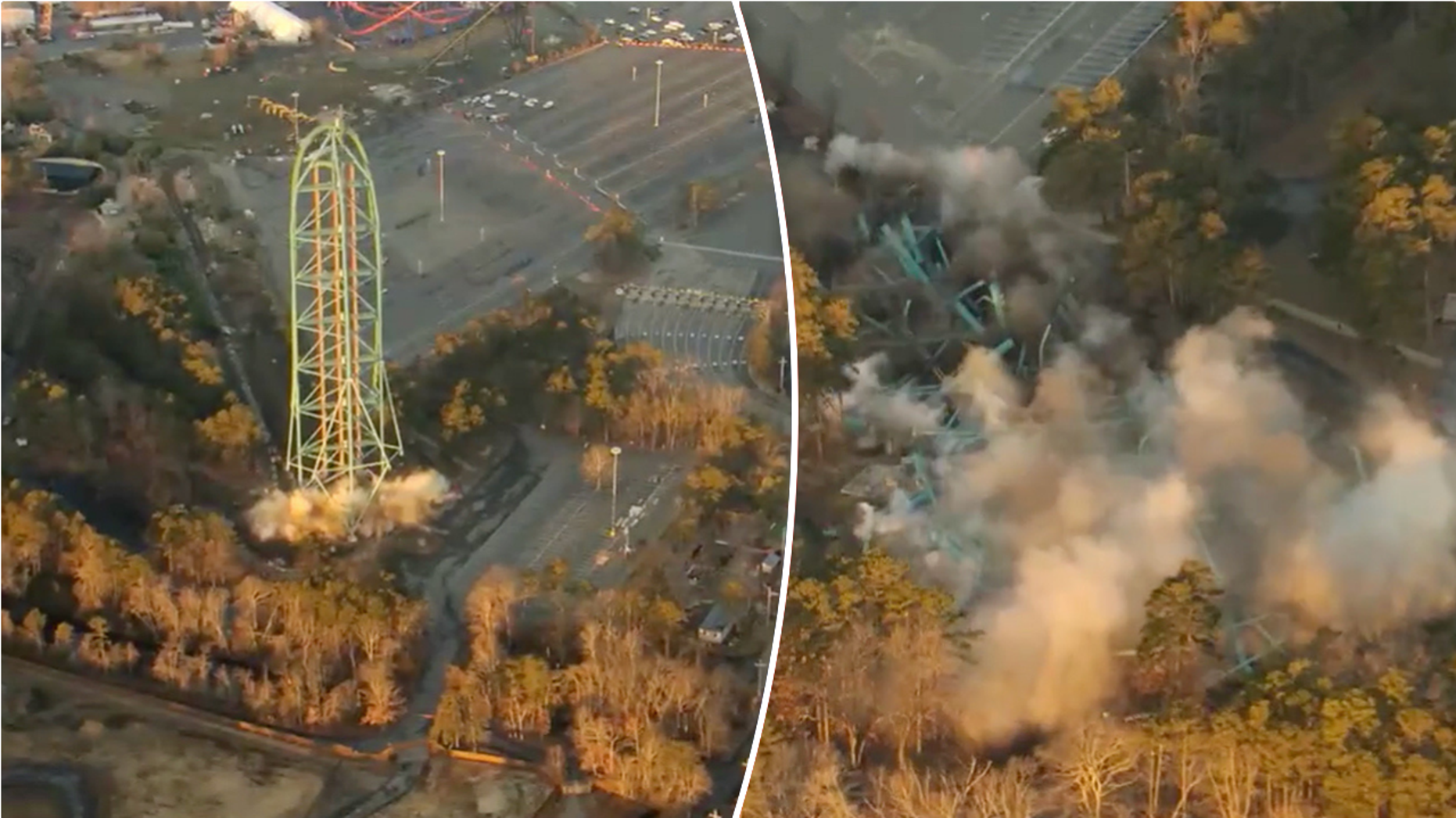 Implosion of world's tallest roller coaster Kingda Ka caught on camera during planned Six Flags demolition