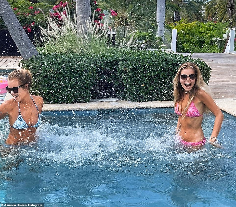 Amanda Holden, 50, and daughter Alexa,15, make a splash in Antigua