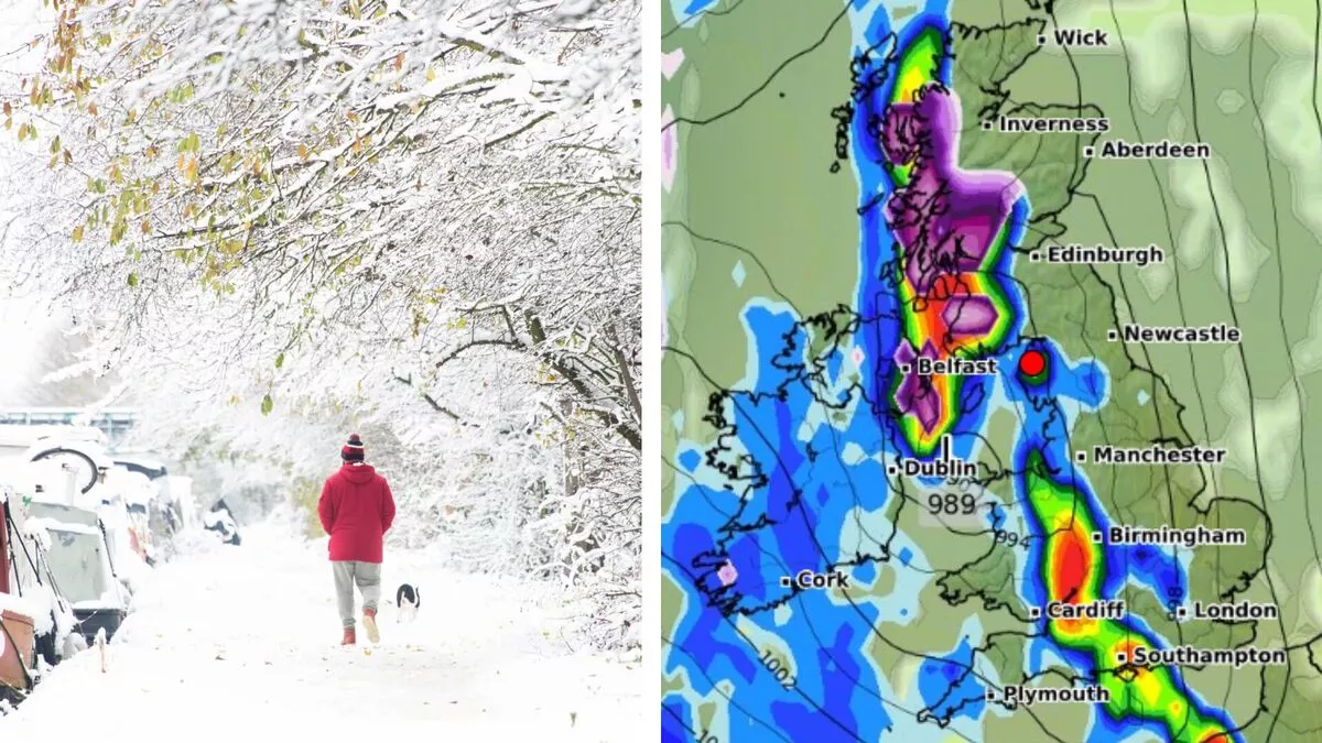 UK weather maps turn purple as 545 miles of snow and rain blasts Britain