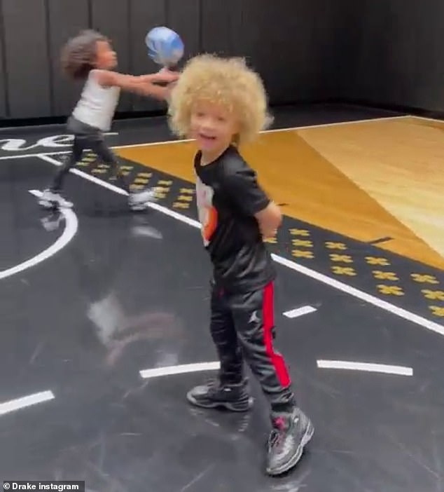 Drake's son Adonis, four, sinks a shot during friendly basketball game