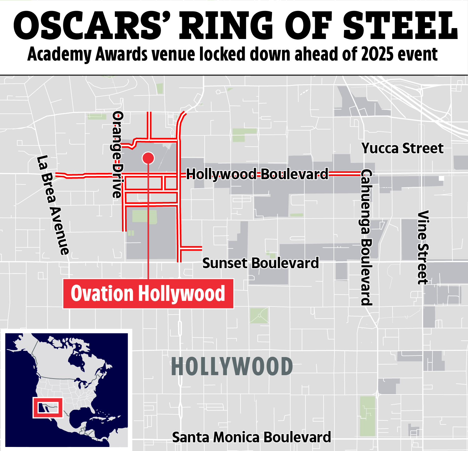 Ring of steel surrounds Oscars over protest fears as Hollywood elite set to party near fire-destroyed...