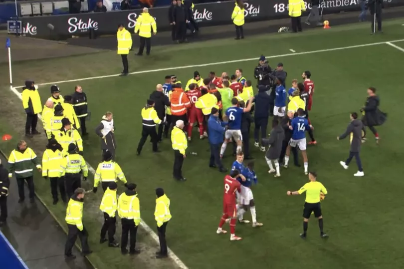 Liverpool and Everton turns ugly as players brawl after the full-time whistle